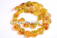 Margele sticla Millefiori, inima, galben, 16x15mm