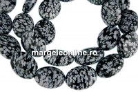 Margele obsidian fulg de nea,oval plat, 16x12mm