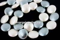 Perle tip Mallorca, disc, alb - argintiu, 13mm