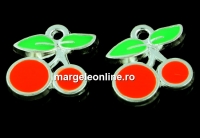 Charm metalic emailat, cirese, portocaliu neon, 12mm - x5