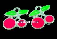 Charm metalic emailat, cirese, roz neon, 12mm - x5