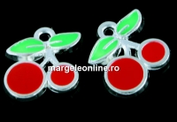 Charm metalic emailat, cirese, rosu, 12mm - x5
