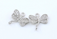 Link, dragonfly, crystals, rhodium-plated 925 silver, 12x12mm - x1