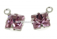 Swarovski, rhodium-plated charm, square, light amethyst, 11x8mm - x2