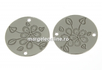 Link, floral coin, rhodium-plated 925 silver, 15mm - x1