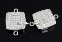 Link, square with crystals, 925 silver rhodium plated, 15mm  - x1