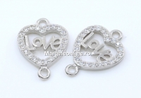 Link, heart with crystals, 925 silver rhodium plated, 16mm  - x1
