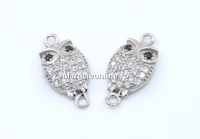 Link, owl with crystals, 925 silver rhodium plated, 14mm  - x1