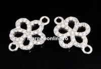 Link, flower with crystals, 925 silver rhodium plated, 15.5mm  - x1