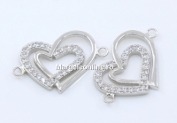 Link, hearts with crystals, 925 silver rhodium plated, 20mm  - x1