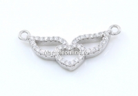 Link, heart with wings with crystals, 925 silver rhodium plated, 23mm  - x1