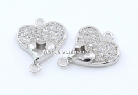 Link, heart with crystals, 925 silver rhodium plated, 14mm  - x1