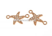 Link, starfish with crystals, 925 silver rose gold plated, 15mm  - x1