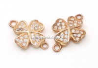 Link, clover with crystals, 925 silver rose gold plated, 14mm  - x1