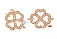 Link, clover with crystals, 925 silver rose gold plated, 18.5mm  - x1