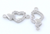 Link 2 inimi, cu cristale, argint 925 placat cu rodiu, 15.5mm - x1