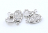 Link 2 inimi cu cristale, argint 925 placat cu rodiu, 13mm - x1