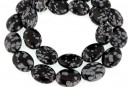 Margele obsidian fulg de nea, oval plat, 16x12mm