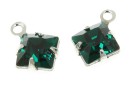 Swarovski, rhodium-plated charm, square, emerald, 11x8mm - x2