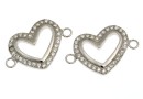 Link, heart with crystals, 925 silver rhodium plated, 16mm  - x1