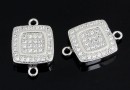Link, square with crystals, 925 silver rhodium plated, 15mm  - x1