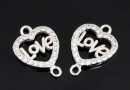 Link, heart with crystals, 925 silver rhodium plated, 16mm  - x1