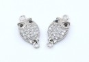 Link, owl with crystals, 925 silver rhodium plated, 14mm  - x1