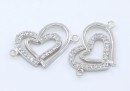 Link, hearts with crystals, 925 silver rhodium plated, 20mm  - x1
