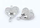 Link, heart with crystals, 925 silver rhodium plated, 14mm  - x1