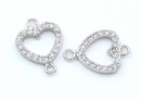 Link, heart with crystals, 925 silver rhodium plated, 12.5mm  - x1