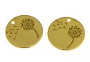 Pendant, dandelion coin, 925 silver gold plated, 14mm  - x1