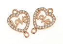 Link, heart with crystals, 925 silver rose gold plated, 16mm  - x1